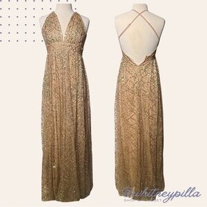 Luxxel Formal Dress Glittering Nude Gold Sequin Deep V Crisscross Gown size M